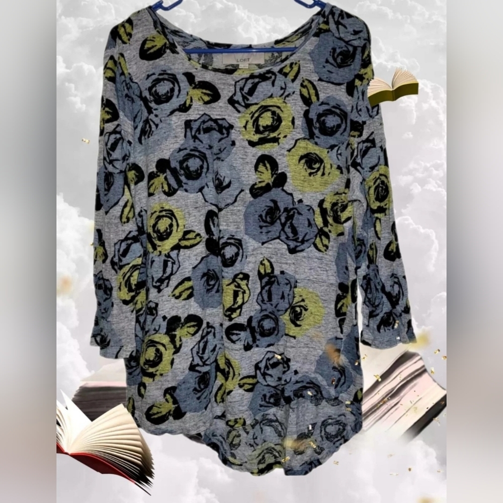 Ann Taylor Loft Sz XL 100% Woven Linen Blue Gray Yellow Floral 3/4 Sleeve